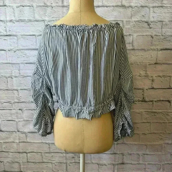 Matty M Off Shoulder Blue & White Pin Stripe Blouse w/ Keyhole Tie Women Large - Picture 8 of 12